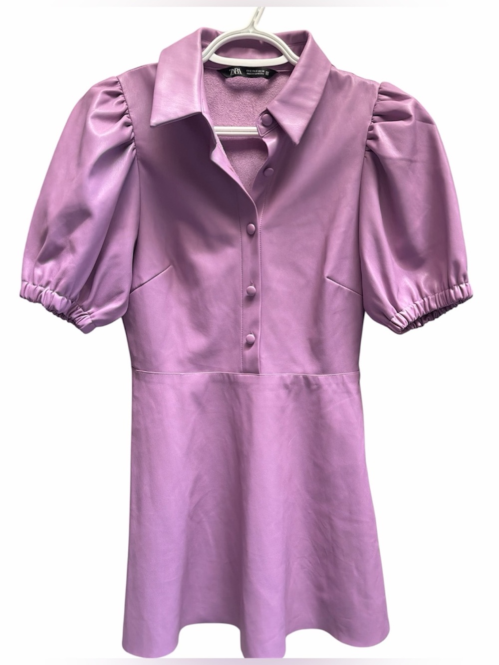 Zara Faux Leather Lilac Puff Sleeve Mini Dress size S - Picture 2 of 7